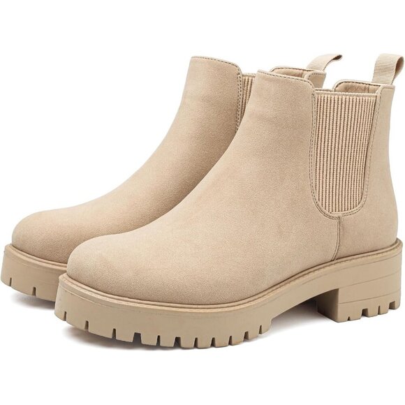 Girls Apricot Pull-On Fall Chelsea Boots Water-Resistant PU Ankle Heel Boots - Picture 3 of 7